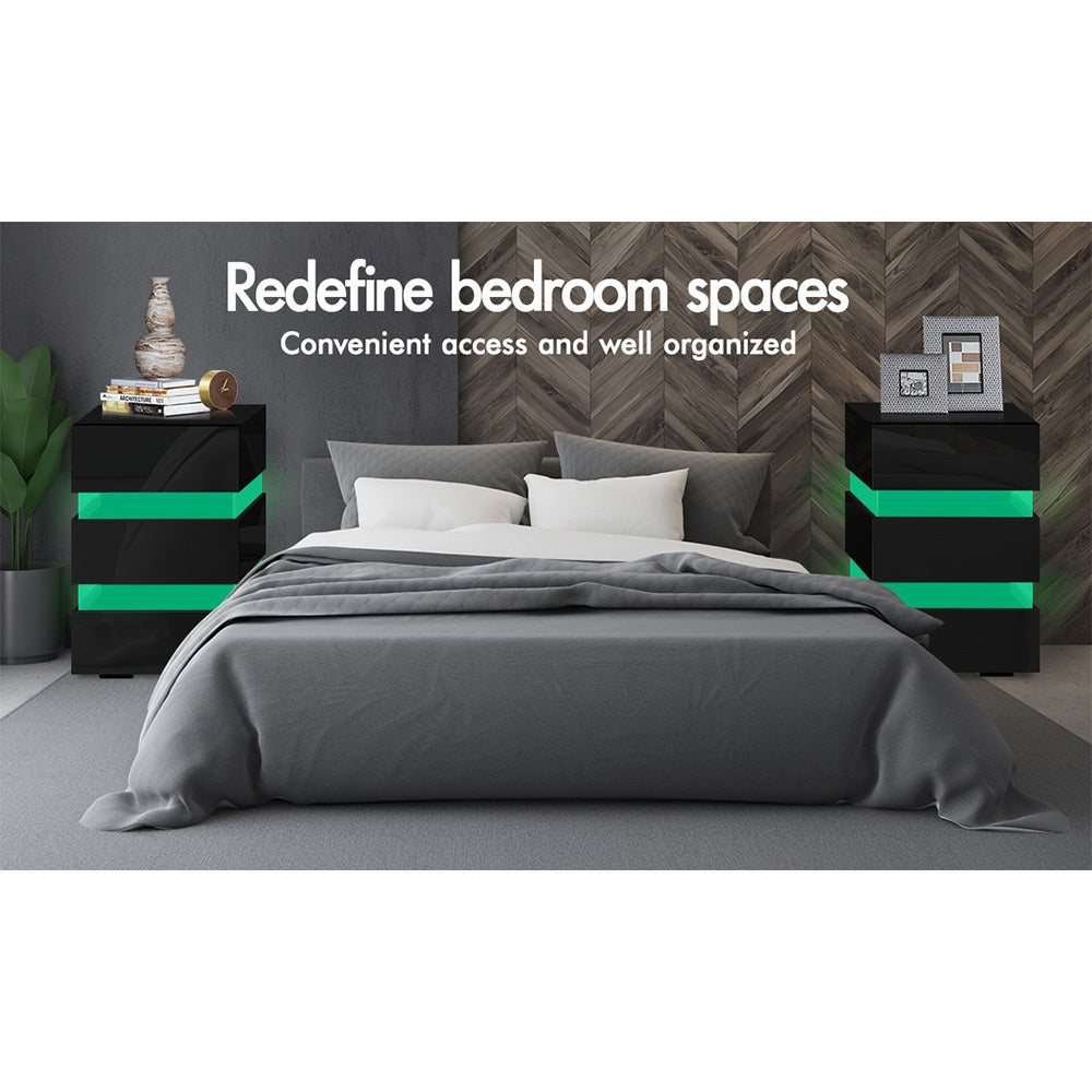 ALFORDSON Bedside Table RGB LED Nightstand 3 Drawers 4 Side High Gloss Black