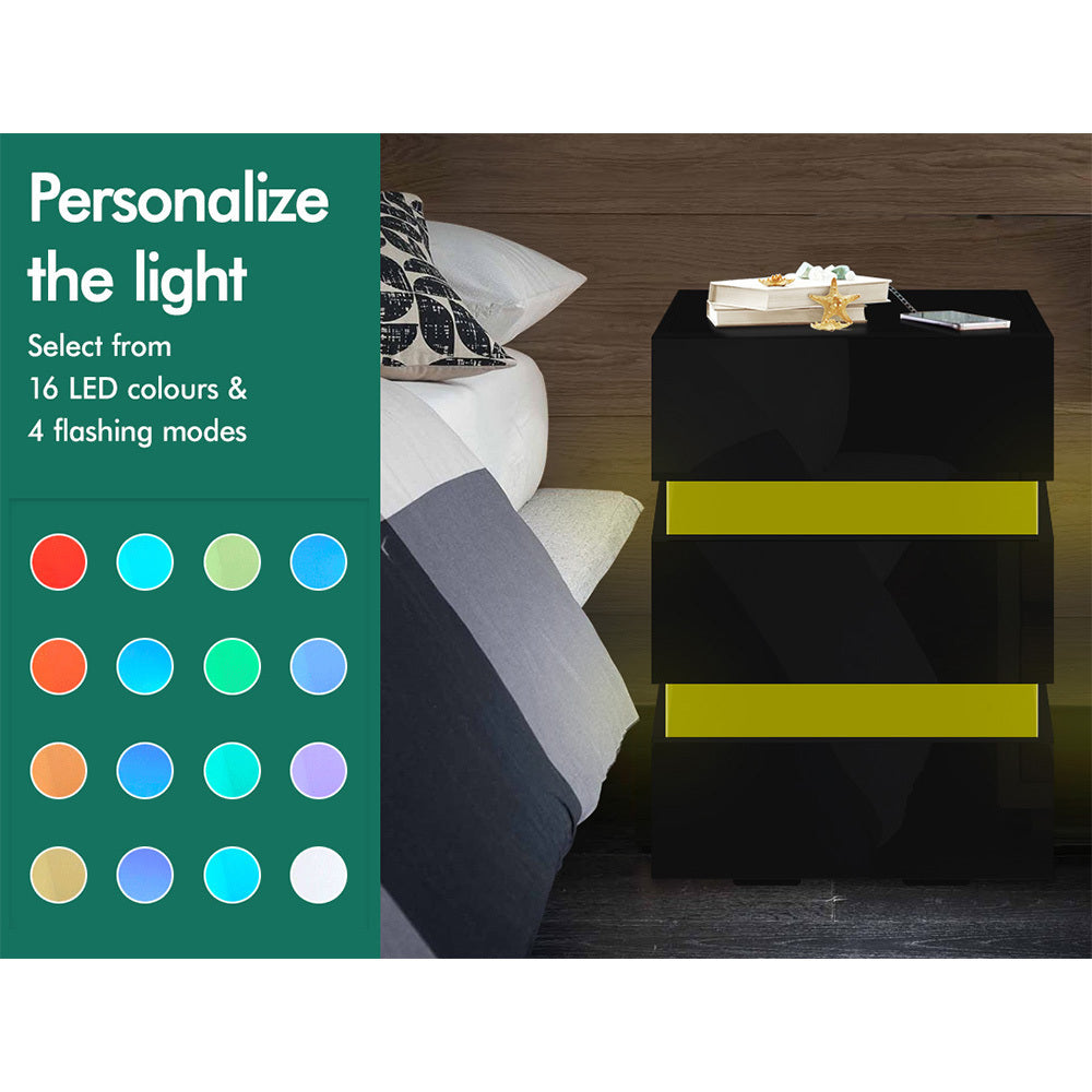 ALFORDSON Bedside Table RGB LED Nightstand 3 Drawers 4 Side High Gloss Black