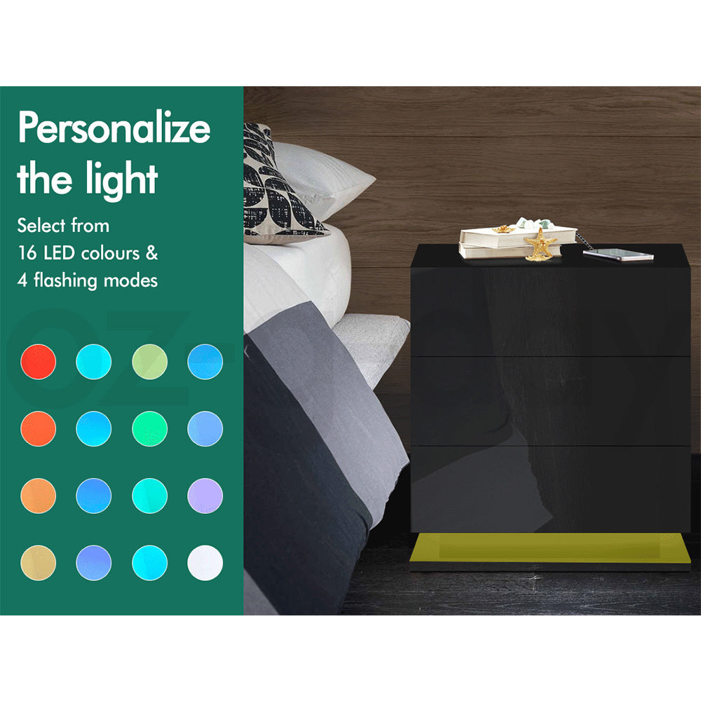ALFORDSON Bedside Table RGB LED Nightstand 3 Drawers 4 Side High Gloss Black