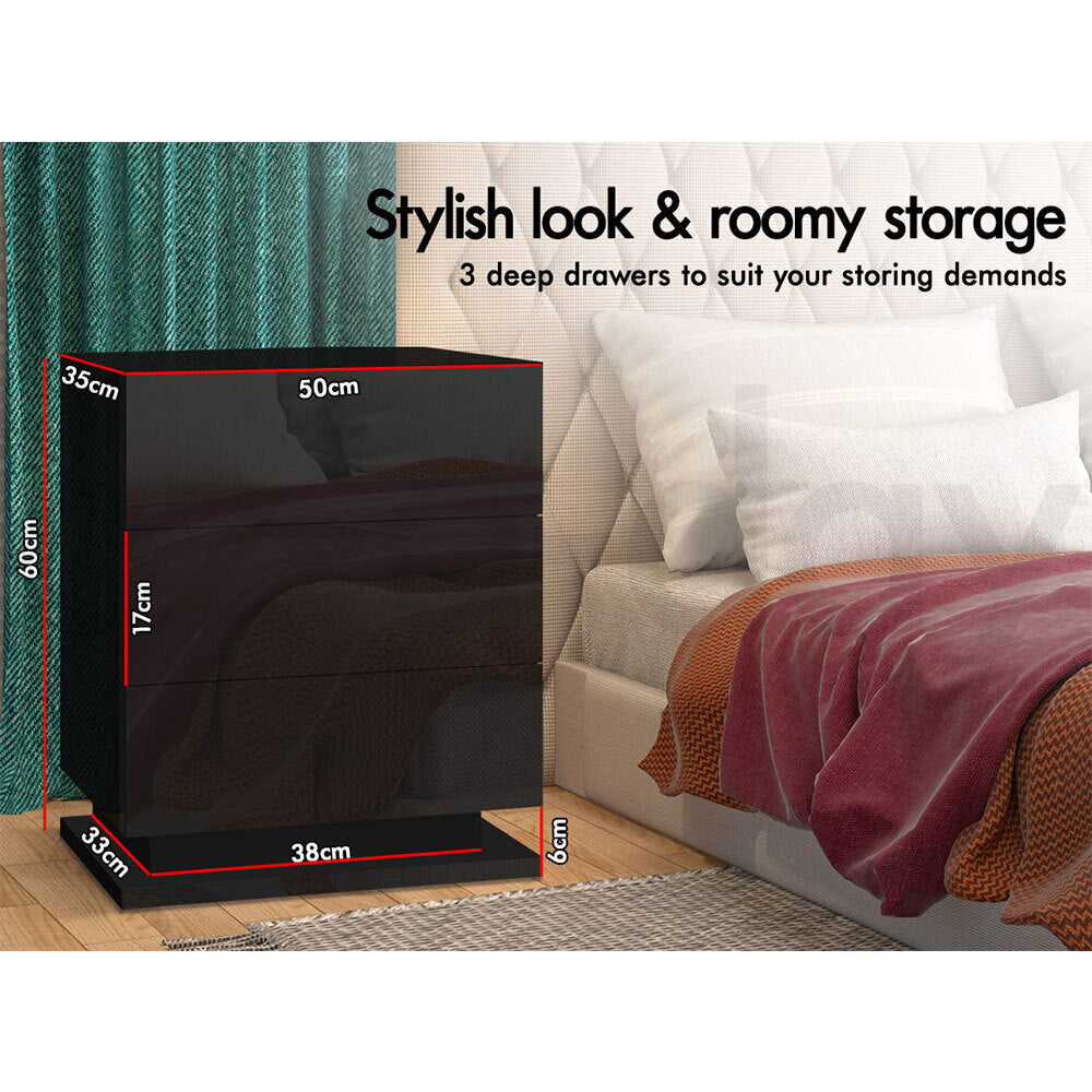 ALFORDSON Bedside Table RGB LED Nightstand 3 Drawers 4 Side High Gloss Black