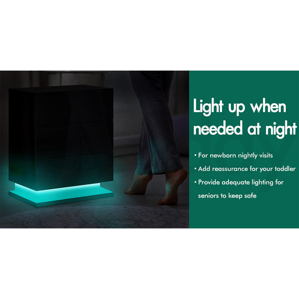 ALFORDSON Bedside Table RGB LED Nightstand 3 Drawers 4 Side High Gloss Black
