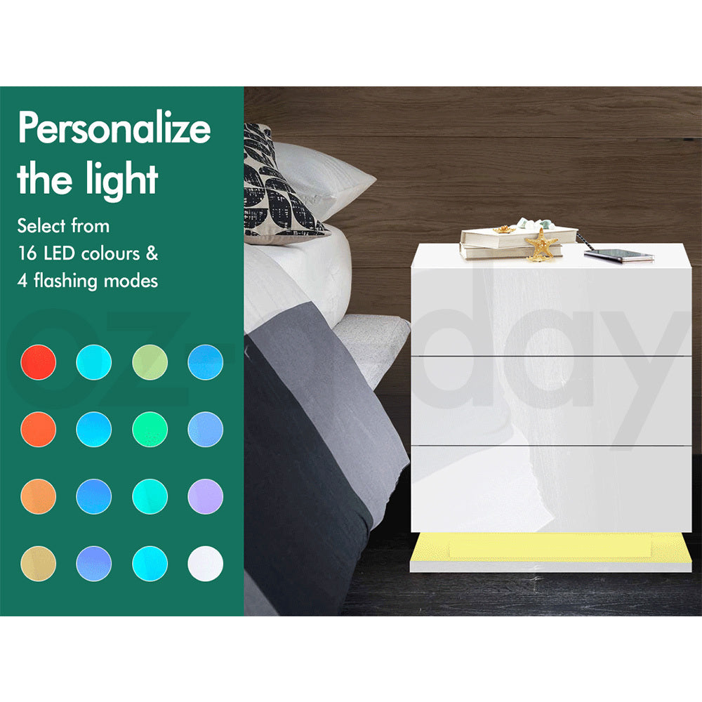 ALFORDSON Bedside Table RGB LED Nightstand 3 Drawers 4 Side High Gloss White