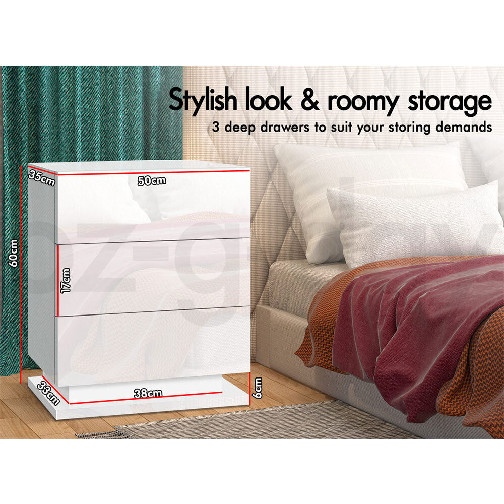 ALFORDSON Bedside Table RGB LED Nightstand 3 Drawers 4 Side High Gloss White