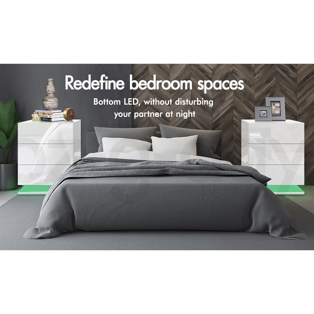 ALFORDSON Bedside Table RGB LED Nightstand 3 Drawers 4 Side High Gloss White