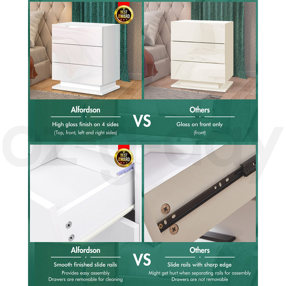 ALFORDSON Bedside Table RGB LED Nightstand 3 Drawers 4 Side High Gloss White
