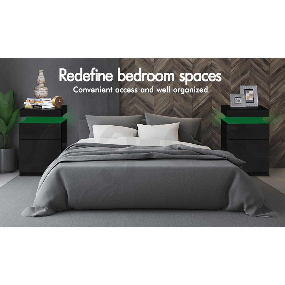ALFORDSON Bedside Table RGB LED Nightstand 3 Drawers 4 Side High Gloss Black