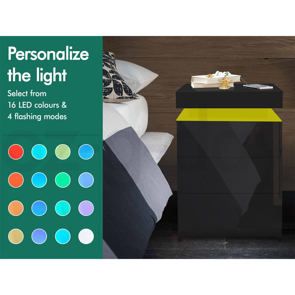 ALFORDSON Bedside Table RGB LED Nightstand 3 Drawers 4 Side High Gloss Black