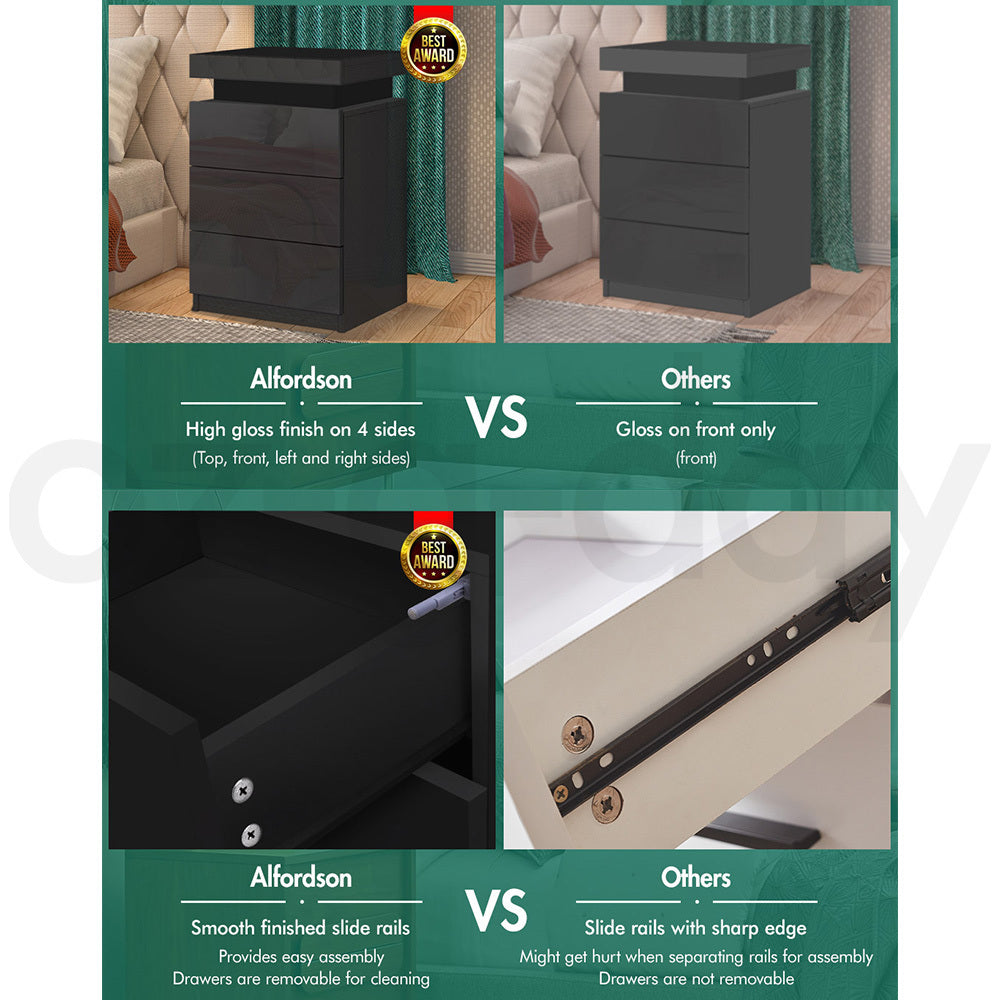 ALFORDSON Bedside Table RGB LED Nightstand 3 Drawers 4 Side High Gloss Black