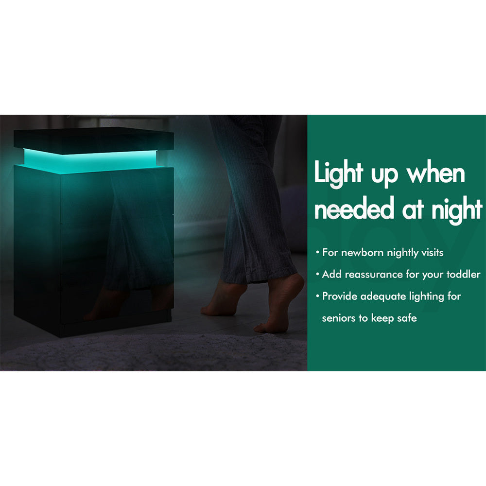 ALFORDSON Bedside Table RGB LED Nightstand 3 Drawers 4 Side High Gloss Black