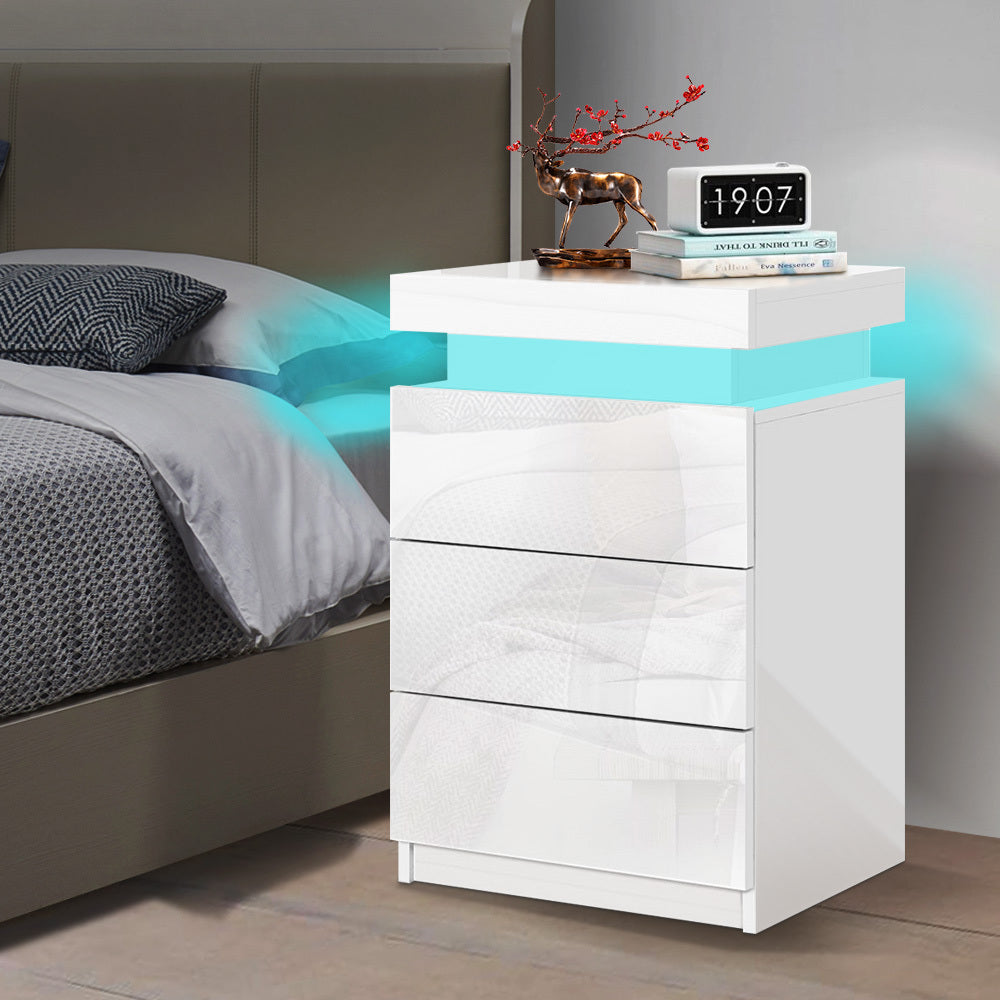 ALFORDSON Bedside Table RGB LED Nightstand 3 Drawers 4 Side High Gloss White