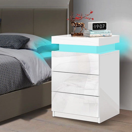 ALFORDSON Bedside Table RGB LED Nightstand 3 Drawers 4 Side High Gloss White