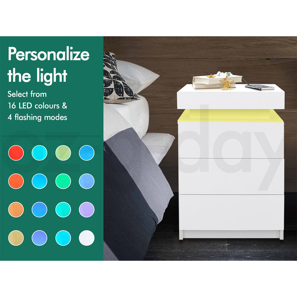 ALFORDSON Bedside Table RGB LED Nightstand 3 Drawers 4 Side High Gloss White