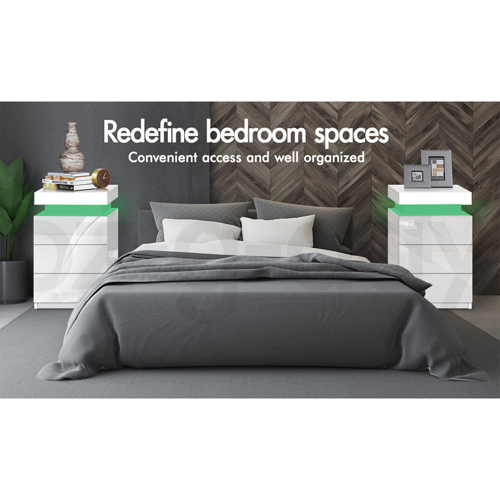 ALFORDSON Bedside Table RGB LED Nightstand 3 Drawers 4 Side High Gloss White