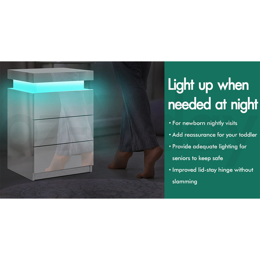 ALFORDSON Bedside Table RGB LED Nightstand 3 Drawers 4 Side High Gloss White