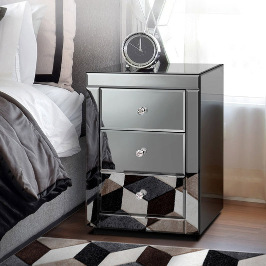 ALFORDSON Mirrored Bedside Table 3 Drawers Nightstand Grey