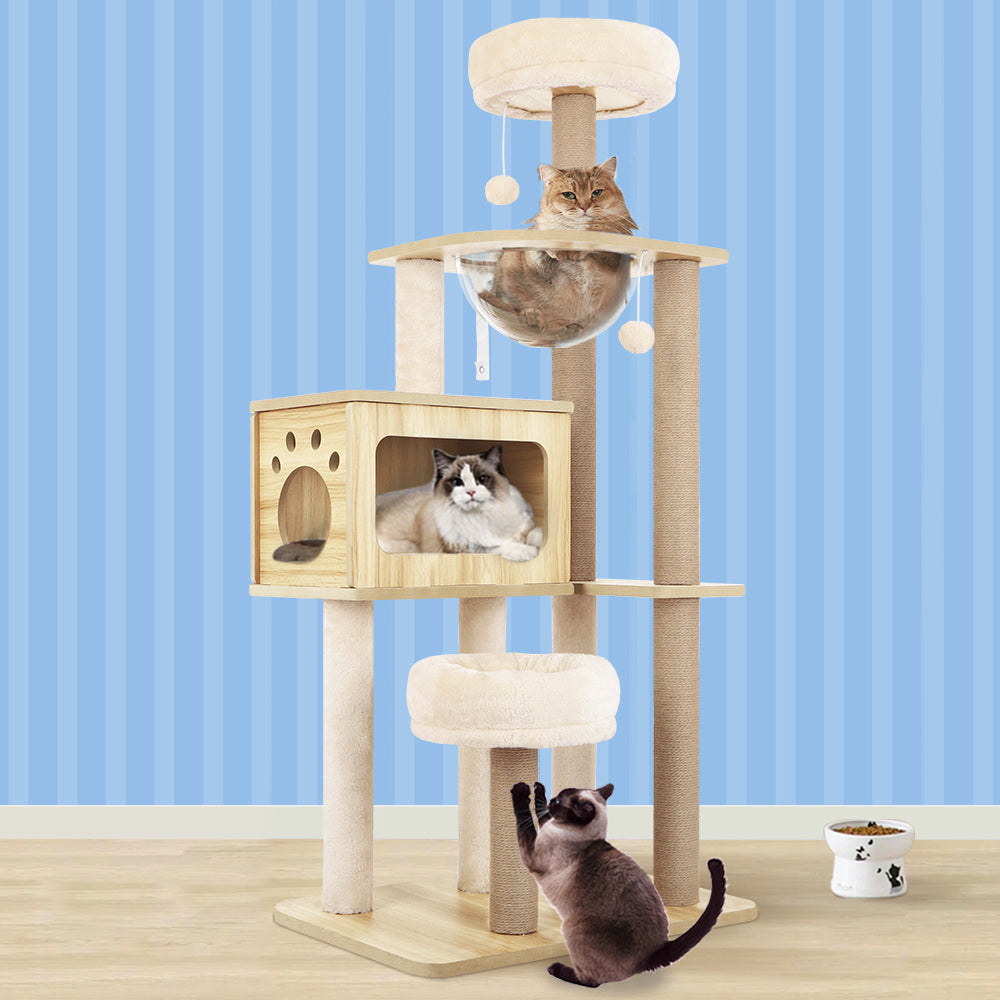 BEASTIE Cat Tree Tower Scratching Post Scratcher Wood Condo House Bed Beige 144cm