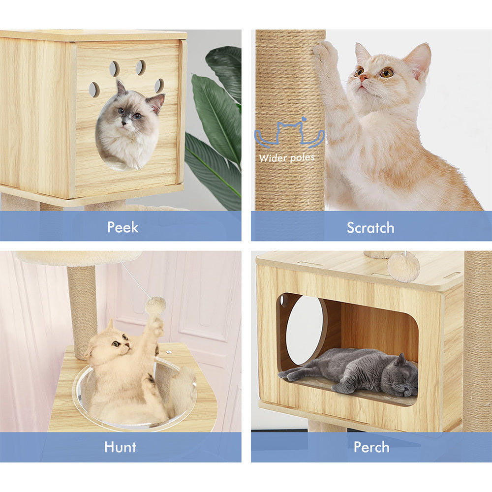 BEASTIE Cat Tree Tower Scratching Post Scratcher Wood Condo House Bed Beige 144cm