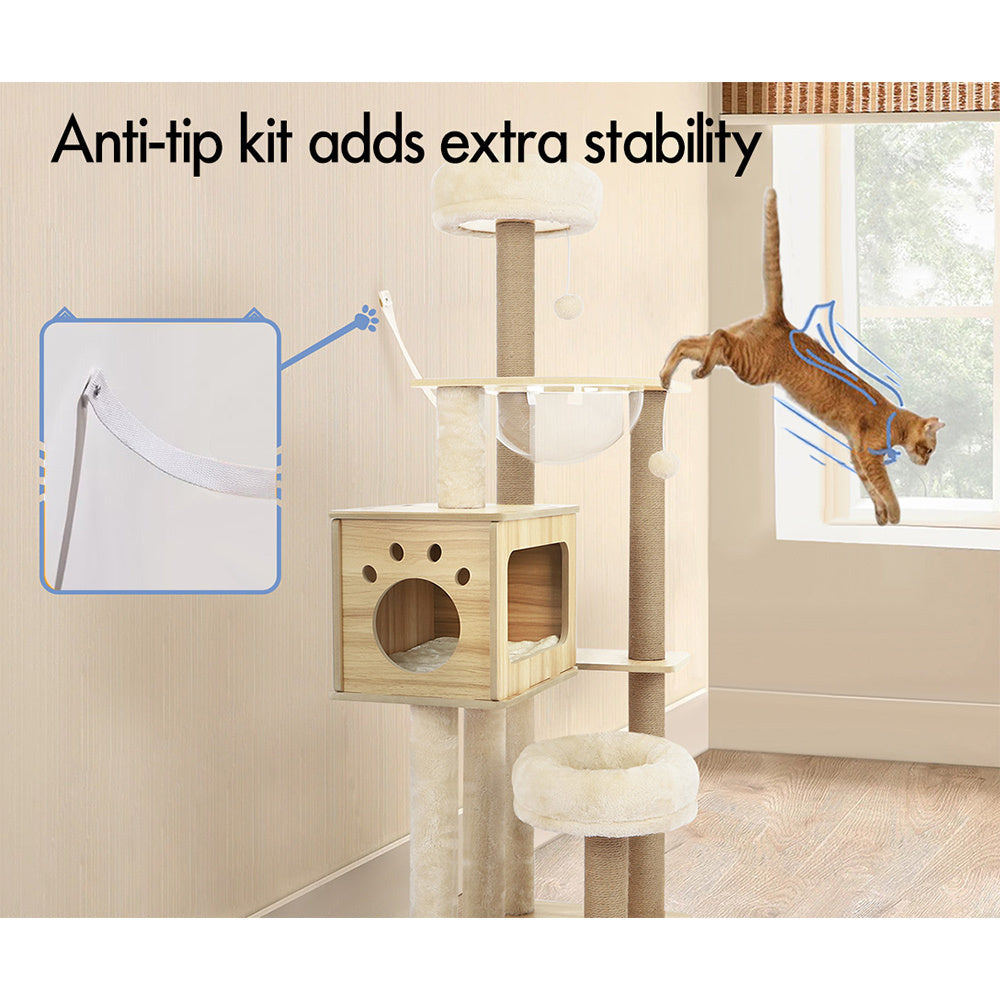 BEASTIE Cat Tree Tower Scratching Post Scratcher Wood Condo House Bed Beige 144cm
