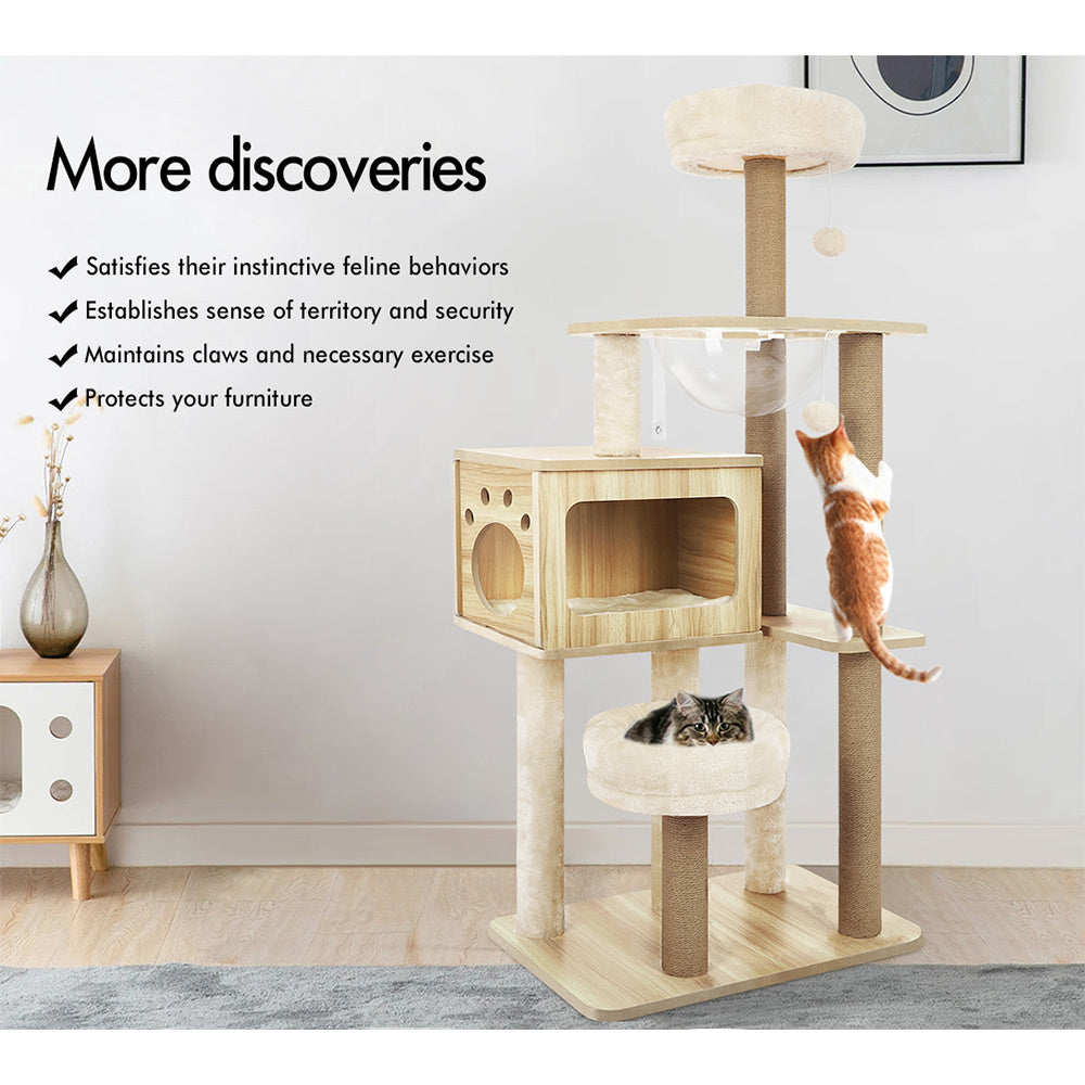 BEASTIE Cat Tree Tower Scratching Post Scratcher Wood Condo House Bed Beige 144cm