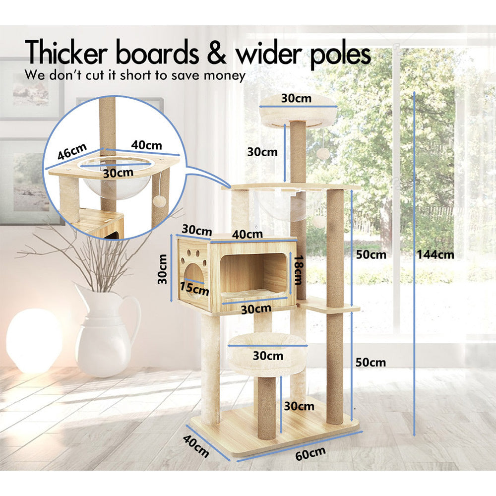 BEASTIE Cat Tree Tower Scratching Post Scratcher Wood Condo House Bed Beige 144cm