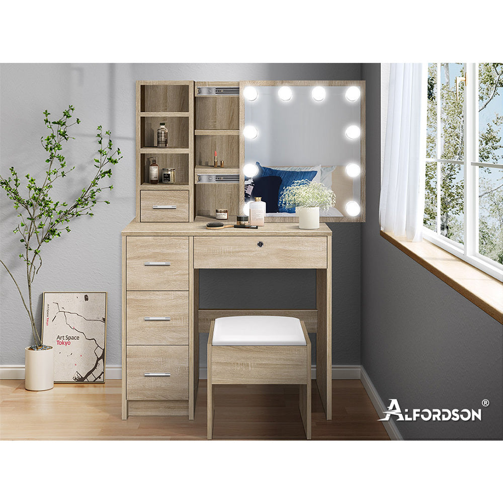 ALFORDSON Dressing Table Stool Set Makeup Storage Desk LED 10 Bulbs Oak