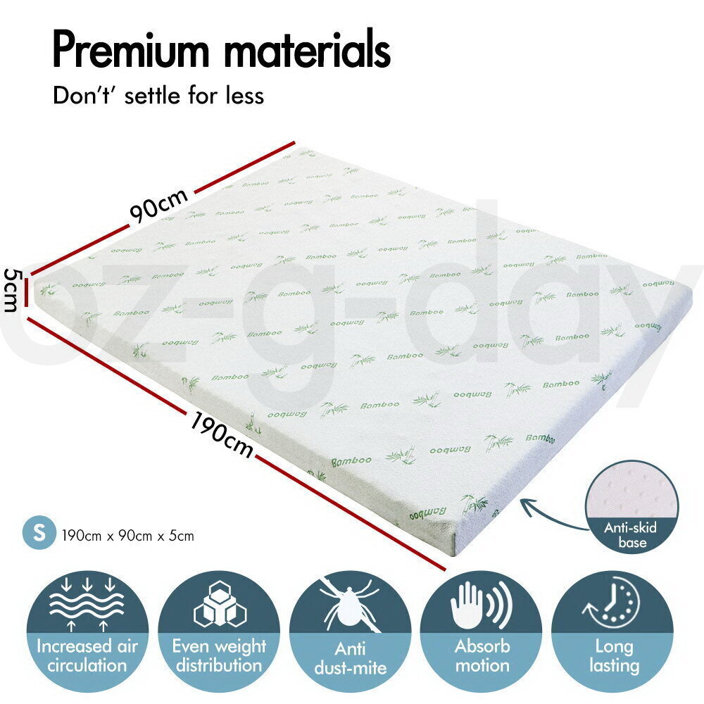 STARRY EUCALYPT Memory Foam Mattress Topper 7 Zone 5CM COOL GEL BAMBOO Single