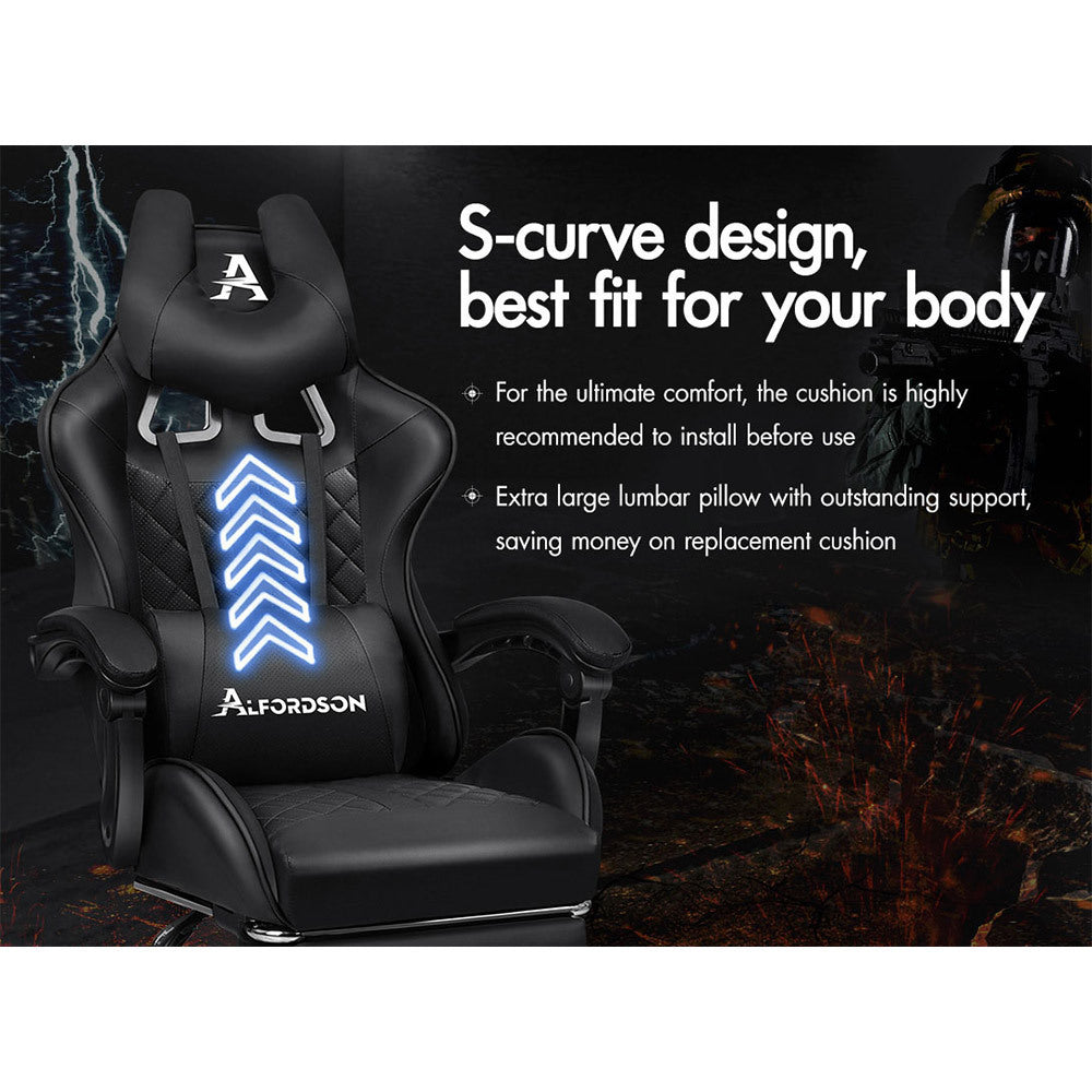 ALFORDSON Gaming Chair Office Racer Large Lumbar Cushion Footrest Seat Leather