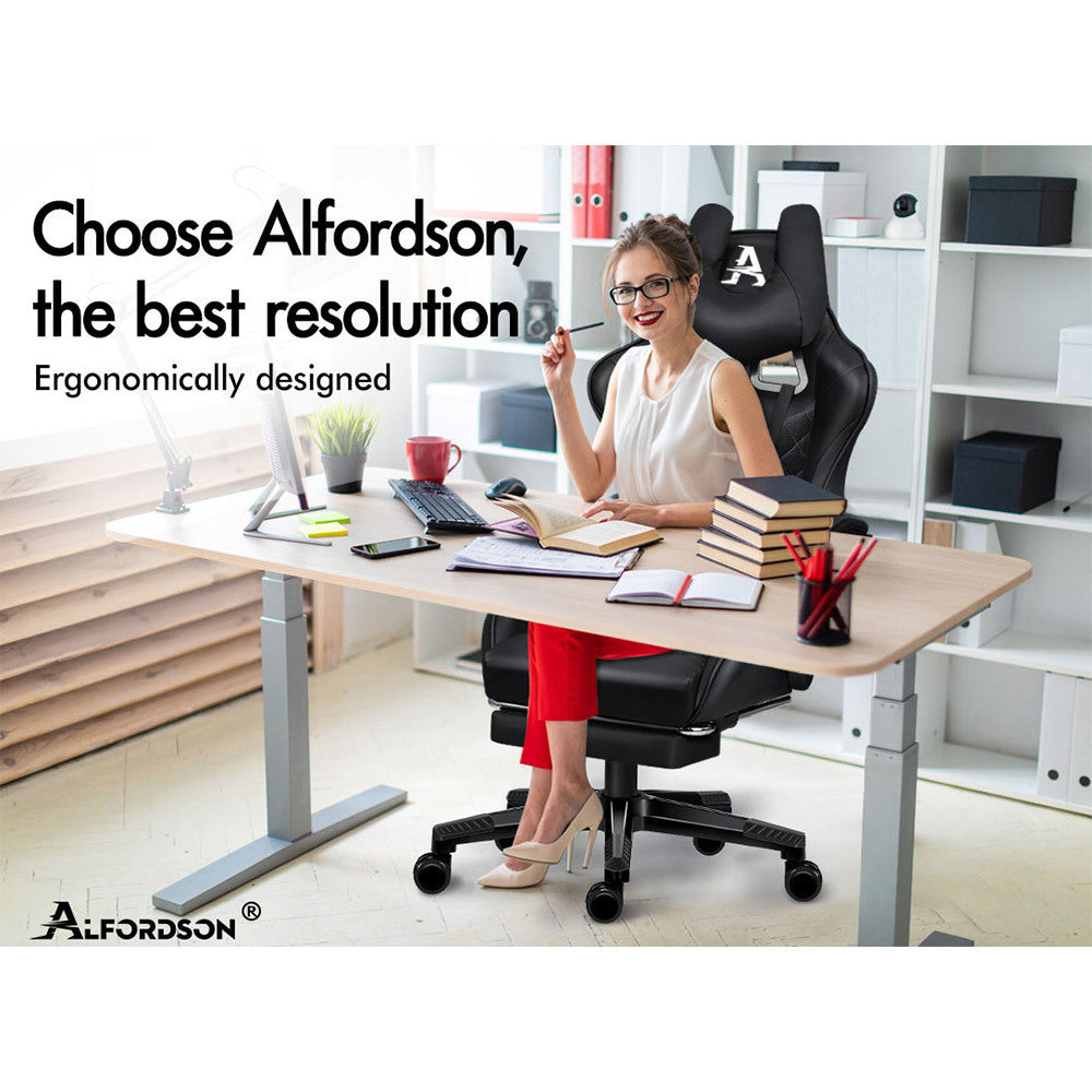 ALFORDSON Gaming Chair Office Racer Large Lumbar Cushion Footrest Seat Leather