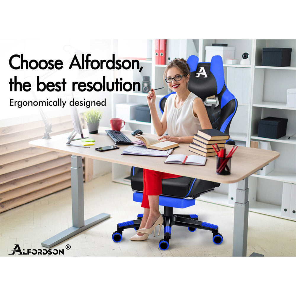 ALFORDSON Gaming Chair Office Racer Large Lumbar Cushion Footrest Seat Leather