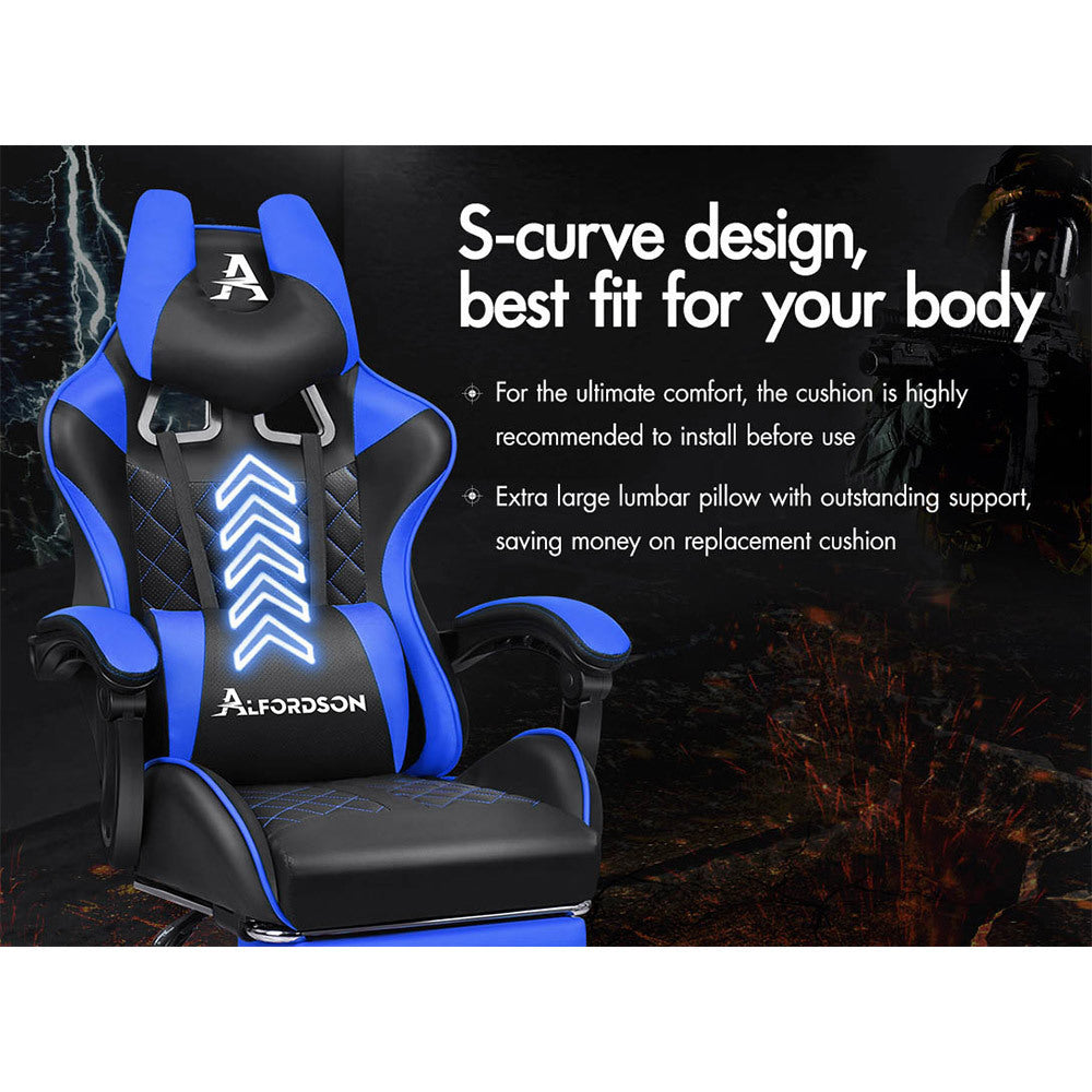 ALFORDSON Gaming Chair Office Racer Large Lumbar Cushion Footrest Seat Leather