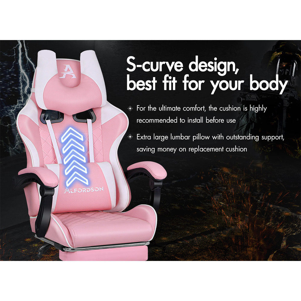 ALFORDSON Gaming Chair Office Racer Large Lumbar Cushion Footrest Seat Leather
