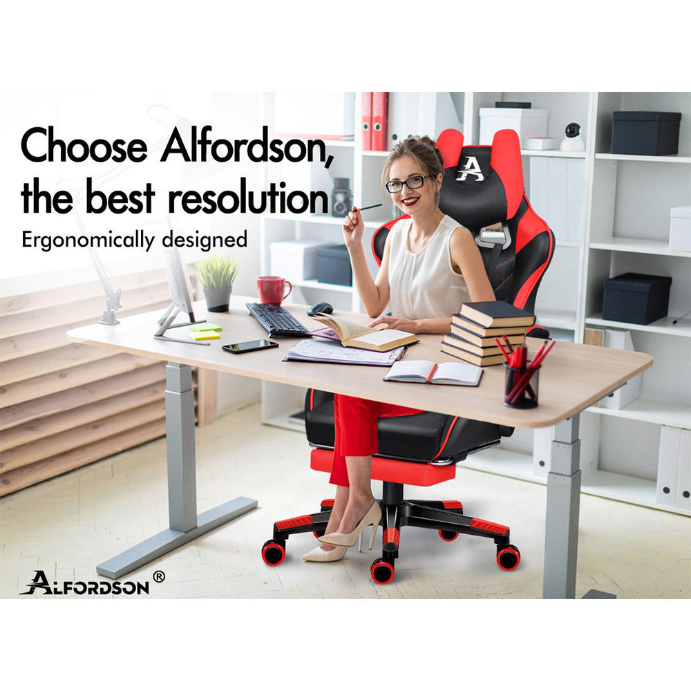 ALFORDSON Gaming Chair Office Racer Large Lumbar Cushion Footrest Seat Leather