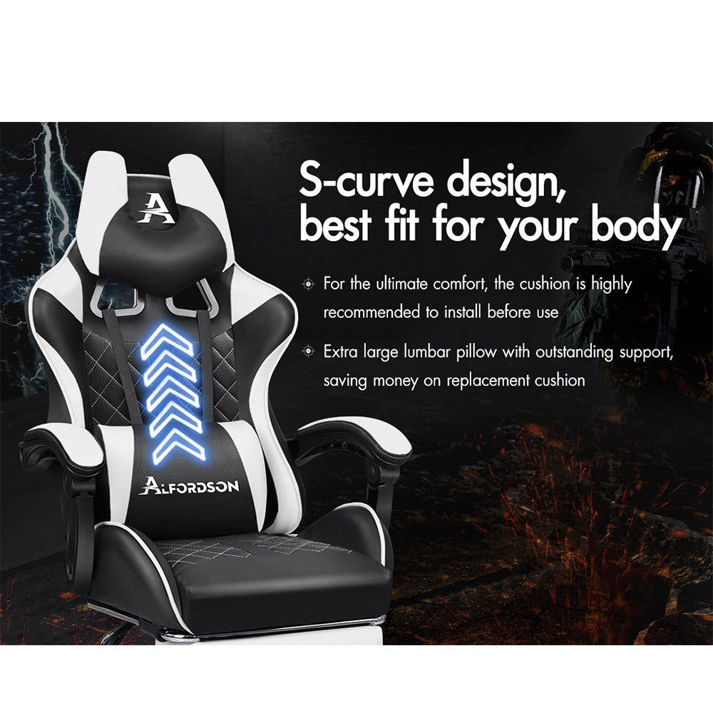 ALFORDSON Gaming Chair Office Racer Large Lumbar Cushion Footrest Seat Leather