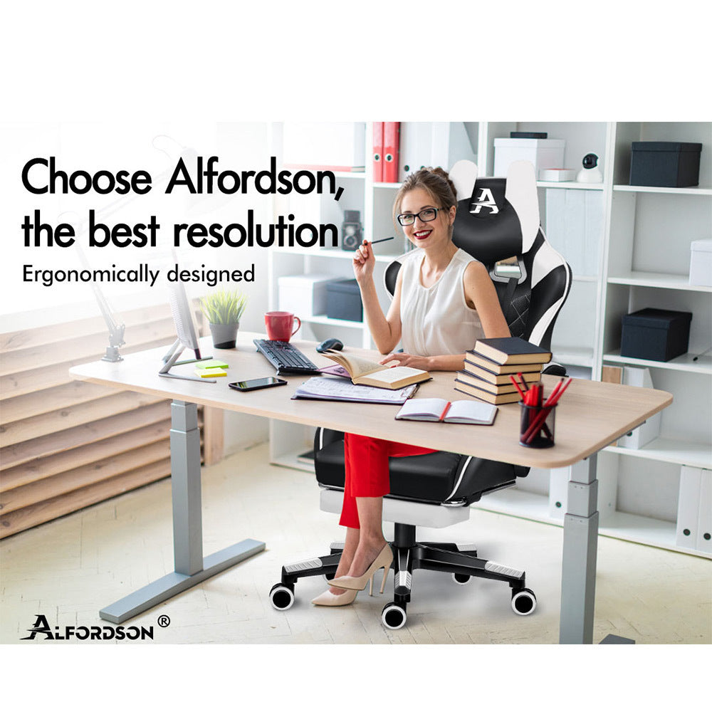 ALFORDSON Gaming Chair Office Racer Large Lumbar Cushion Footrest Seat Leather