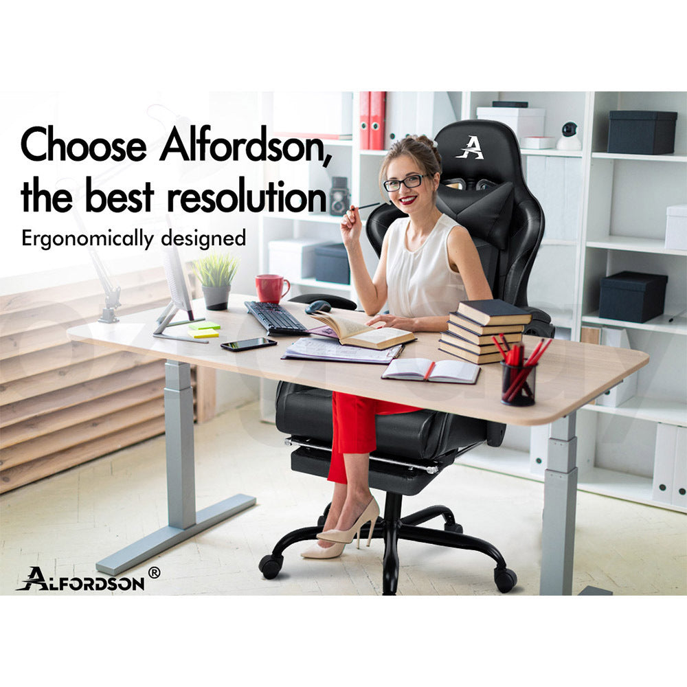 ALFORDSON Gaming Chair Office Executive Racing Footrest Seat Leather All Black