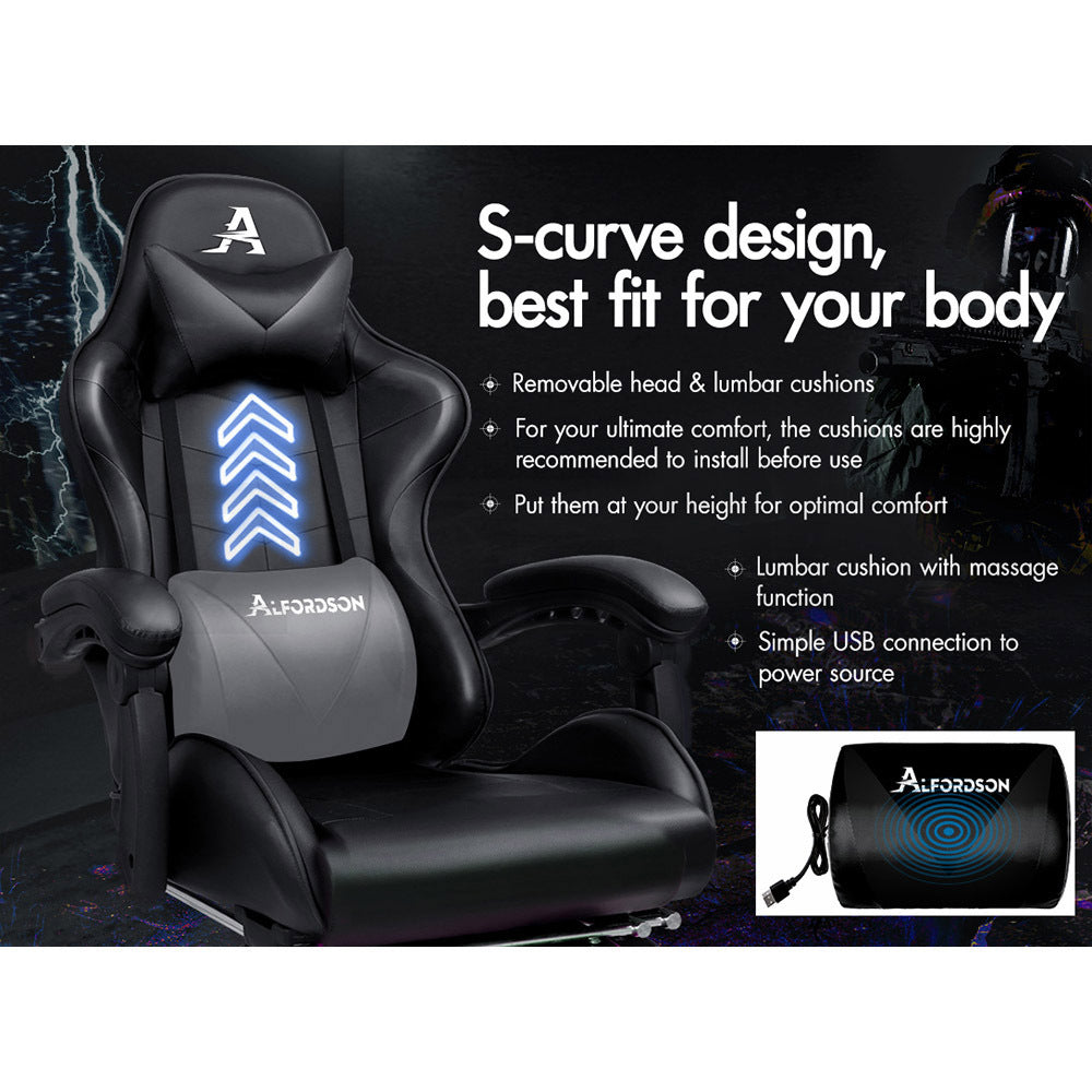 ALFORDSON Gaming Chair Office Executive Racing Footrest Seat Leather All Black