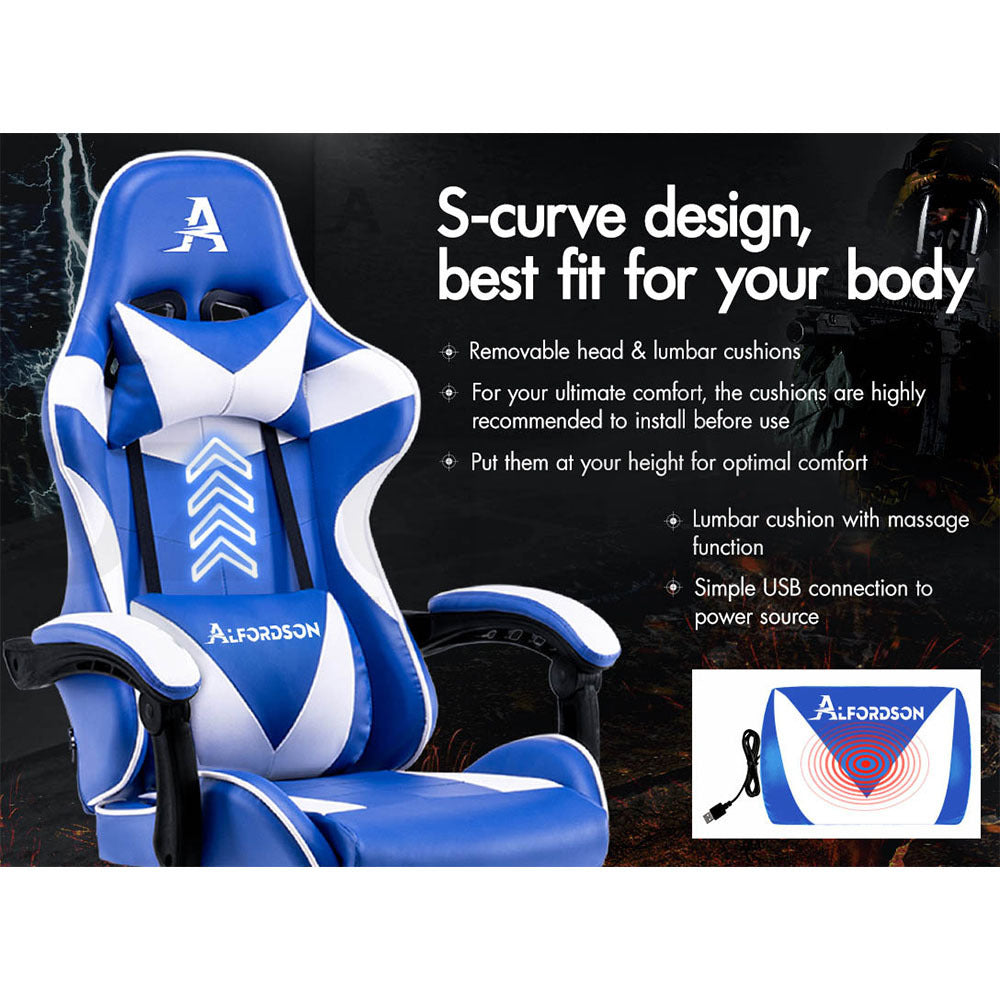 ALFORDSON Gaming Chair Office Executive Racing Footrest Seat Leather Blue White