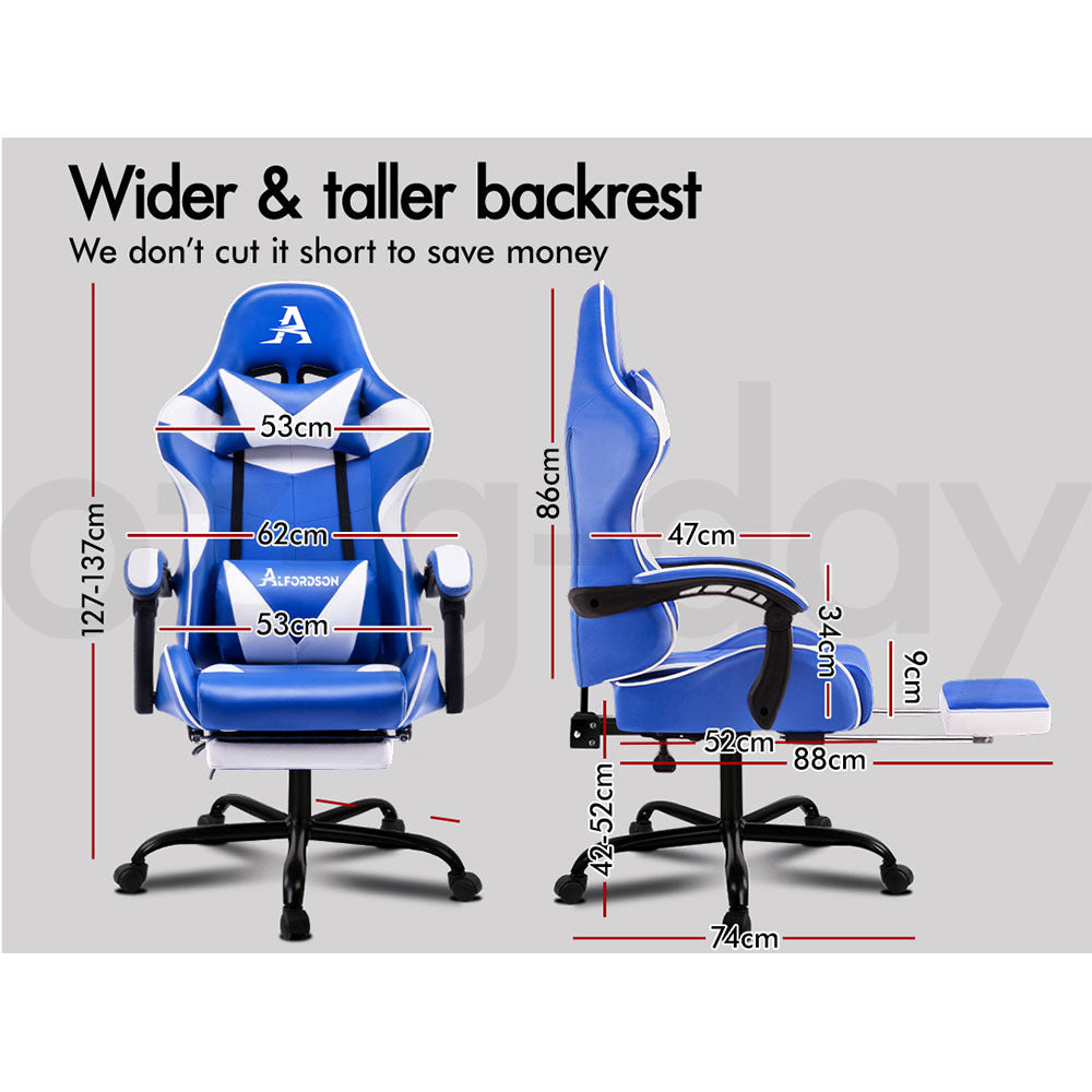 ALFORDSON Gaming Chair Office Executive Racing Footrest Seat Leather Blue White