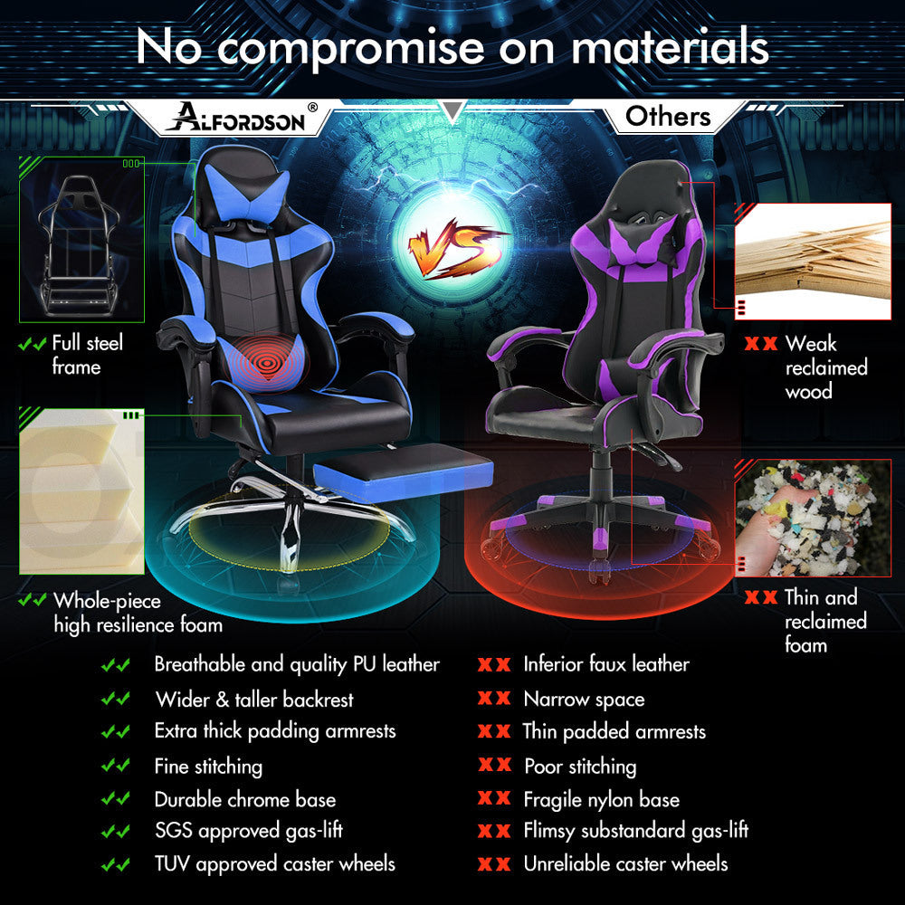 ALFORDSON Gaming Chair Office Executive Racing Footrest Seat Leather Blue White