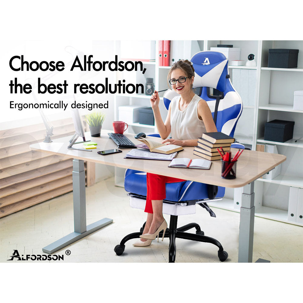 ALFORDSON Gaming Chair Office Executive Racing Footrest Seat Leather Blue White