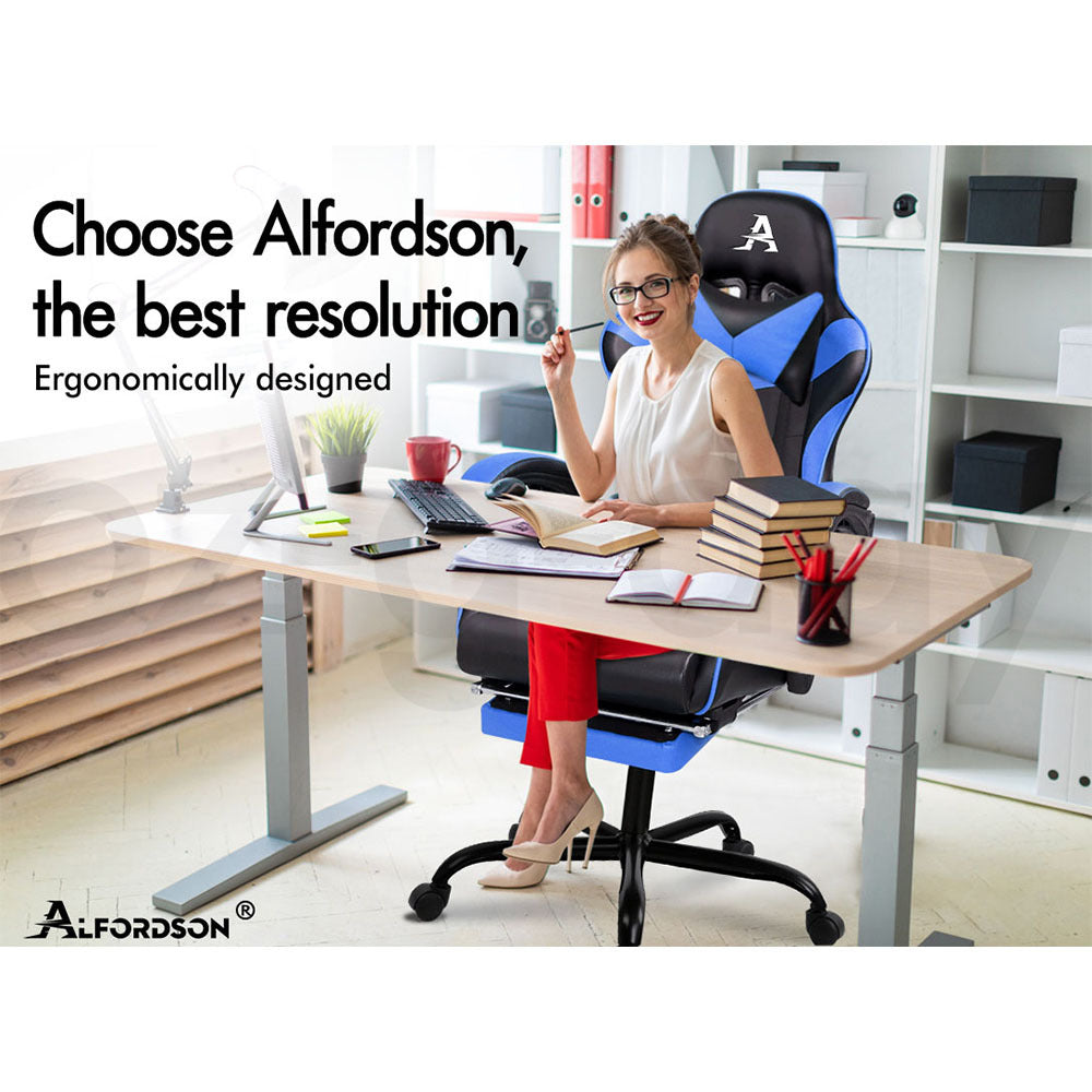 ALFORDSON Gaming Chair Office Executive Racing Footrest Seat PU Leather Blue