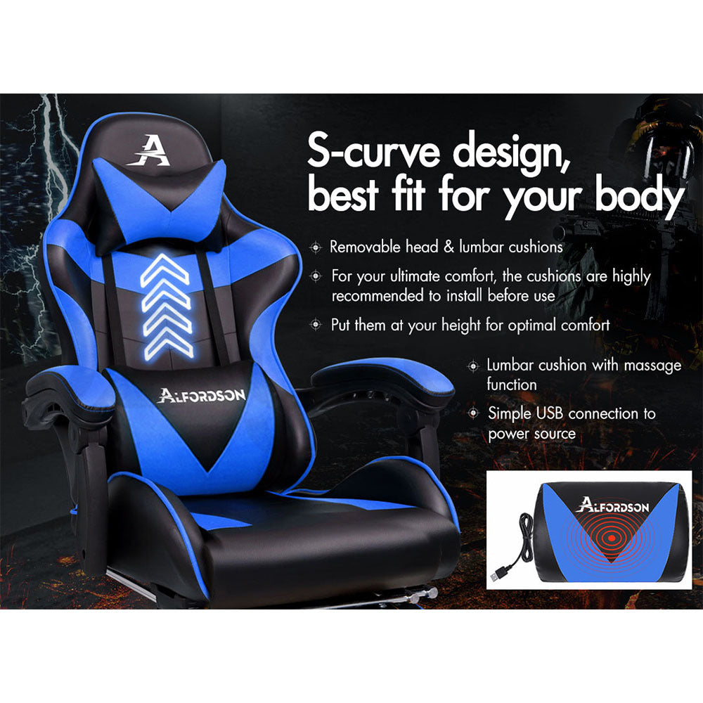 ALFORDSON Gaming Chair Office Executive Racing Footrest Seat PU Leather Blue