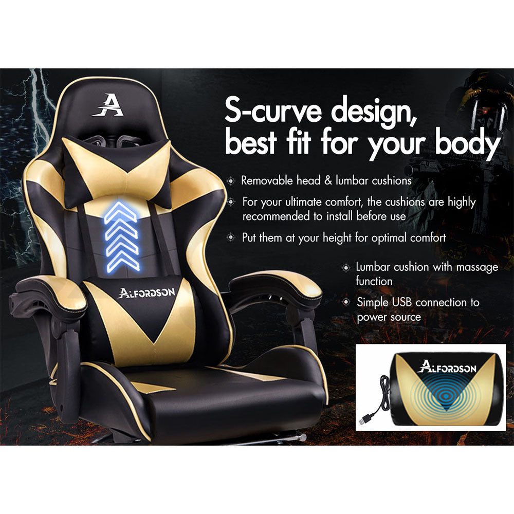 ALFORDSON Gaming Chair Office Executive Racing Footrest Seat PU Leather Gold