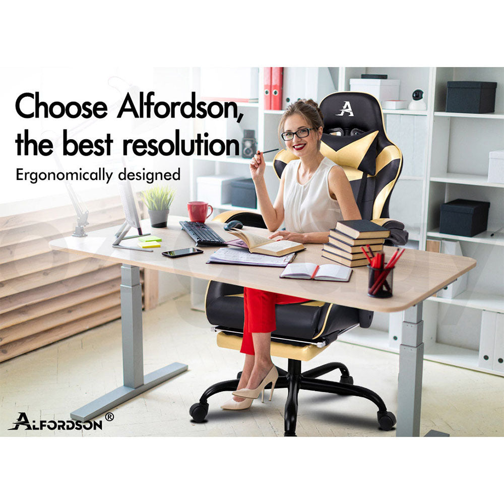 ALFORDSON Gaming Chair Office Executive Racing Footrest Seat PU Leather Gold