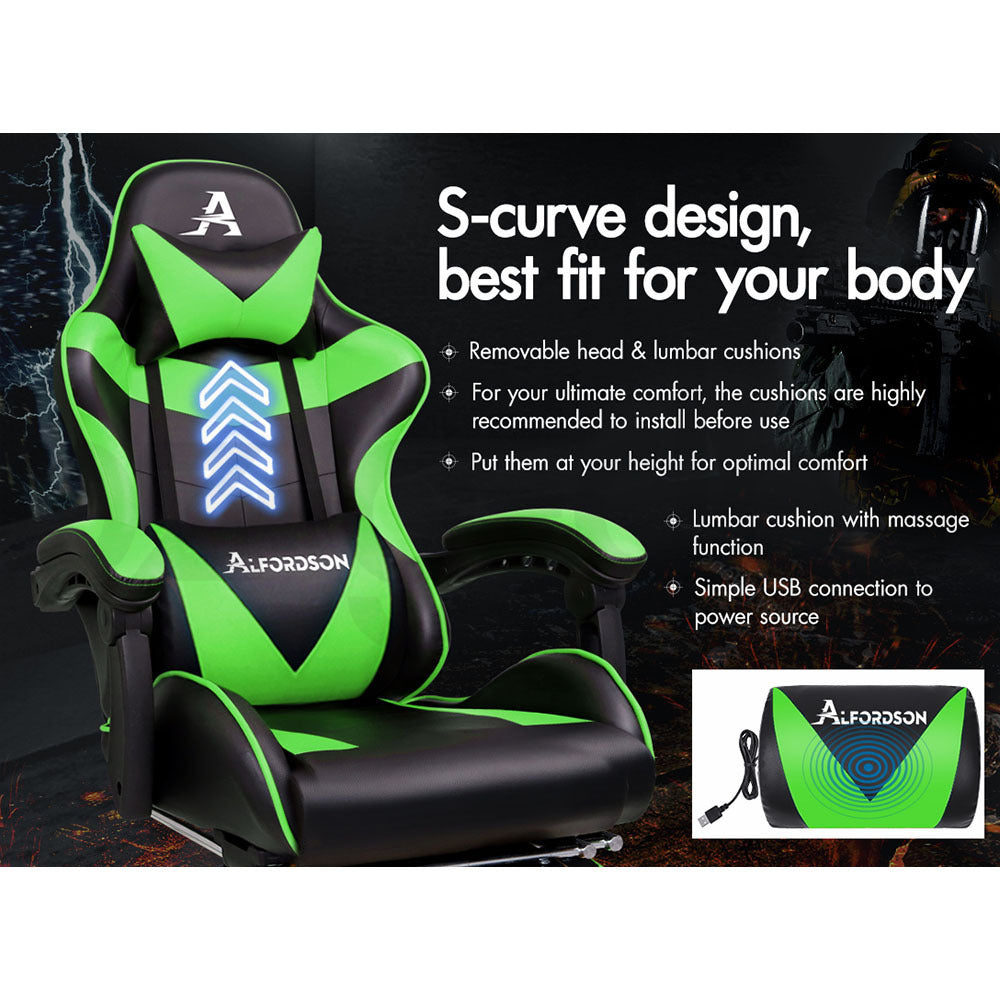 ALFORDSON Gaming Chair Office Executive Racing Footrest Seat PU Leather Green