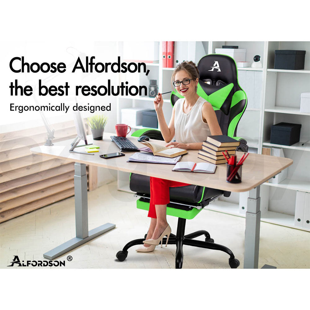 ALFORDSON Gaming Chair Office Executive Racing Footrest Seat PU Leather Green