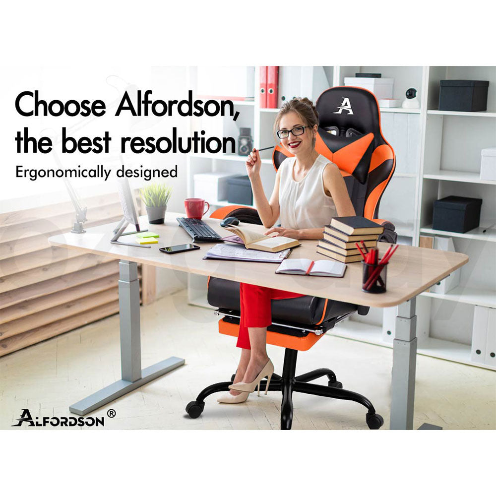 ALFORDSON Gaming Chair Office Executive Racing Footrest Seat PU Leather Orange