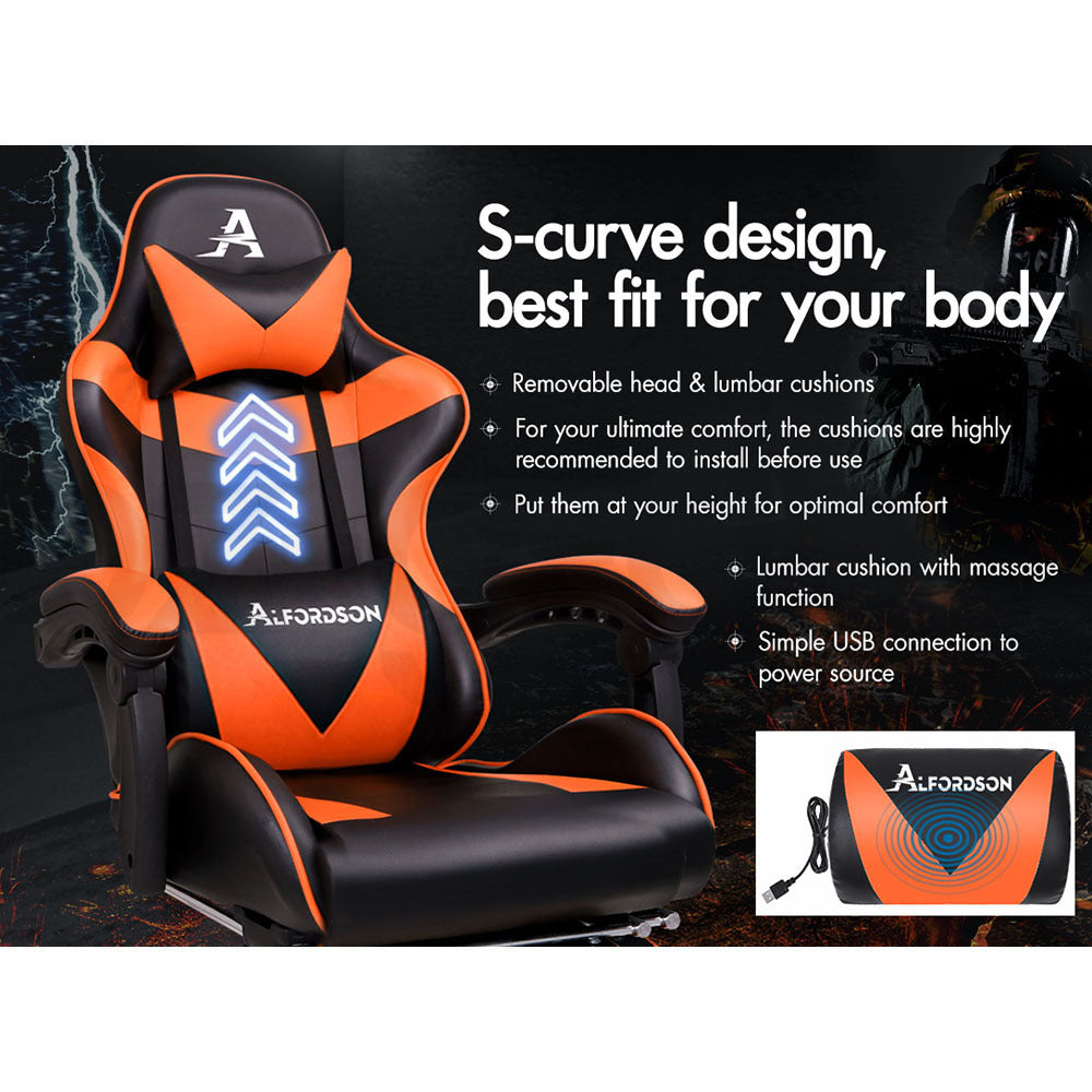 ALFORDSON Gaming Chair Office Executive Racing Footrest Seat PU Leather Orange