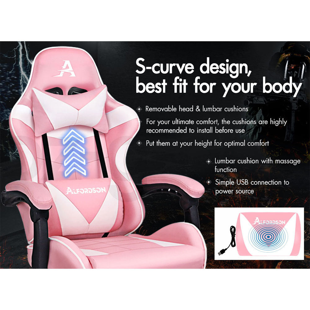 ALFORDSON Gaming Chair Office Executive Racing Footrest Seat PU Leather Pink