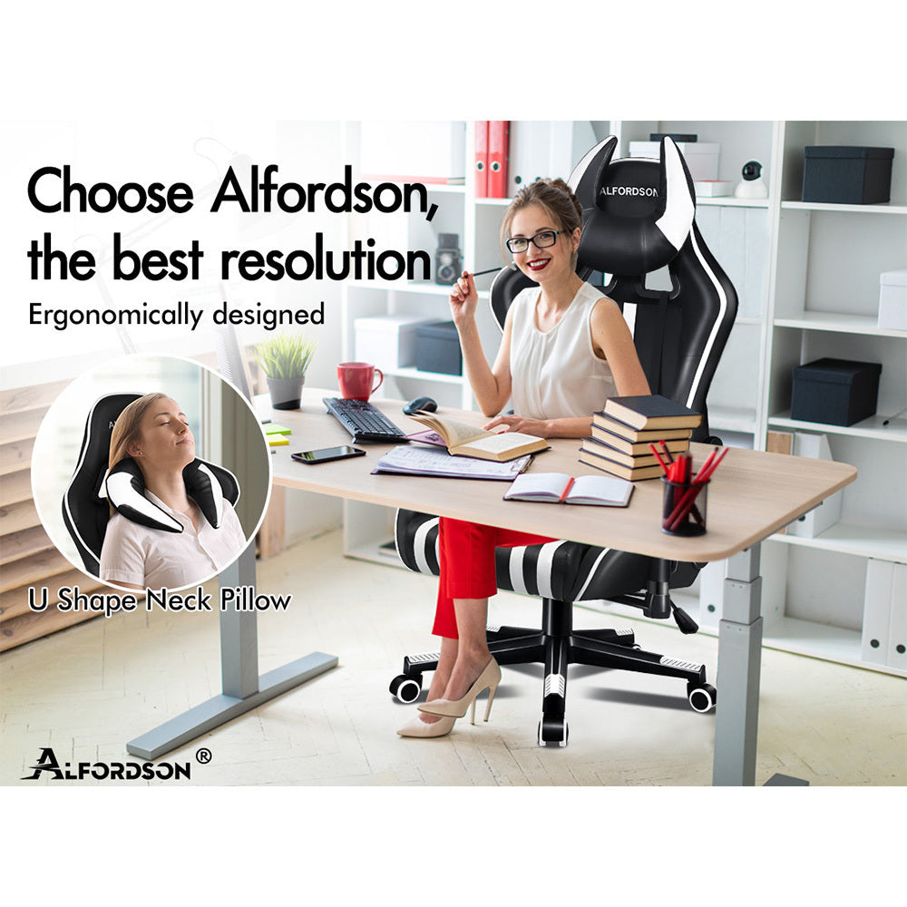 ALFORDSON Gaming Chair Office Racing Seat Executive Leather Computer OXEN White